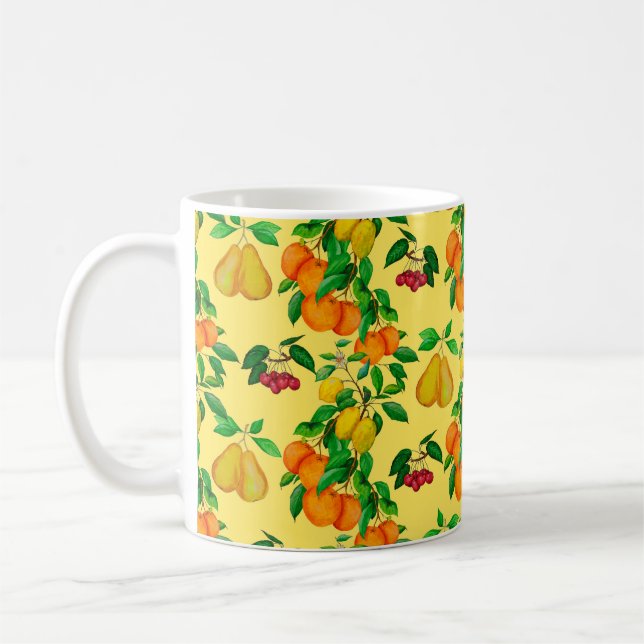 Watercolor seamless pattern with citrus, pear, che coffee mug (Left)