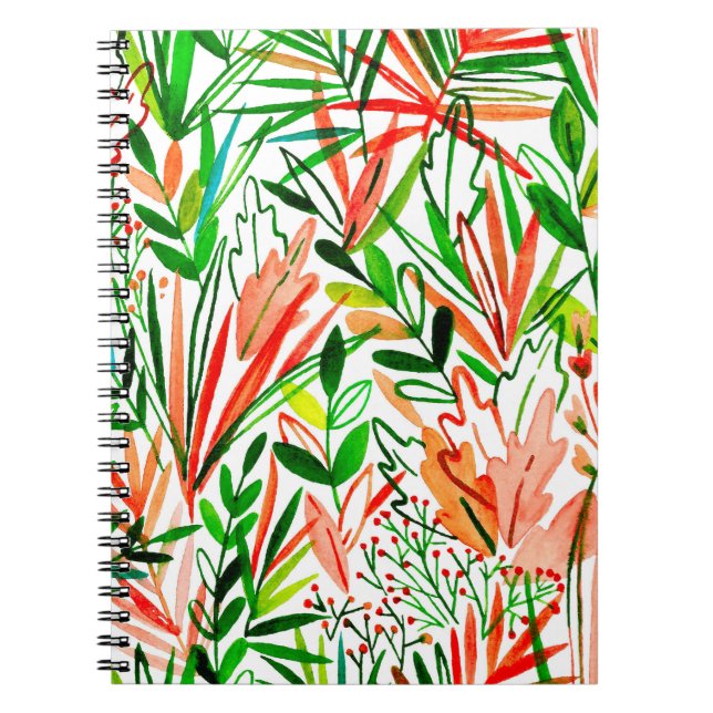 Watercolor seamless pattern with exotic leaves and notebook (Front)