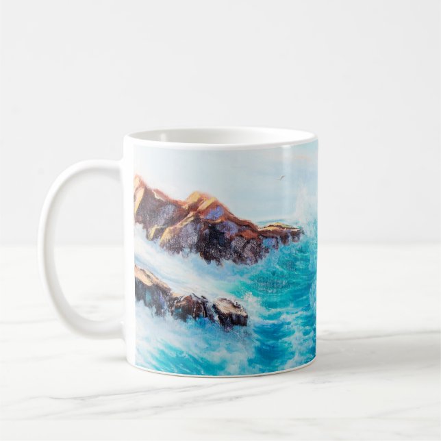 Watercolor seamless pattern with hand painted blue coffee mug (Left)