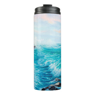 Watercolor seamless pattern with hand painted blue thermal tumbler