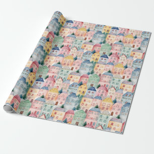 Watercolor seamless pattern with houses wrapping paper