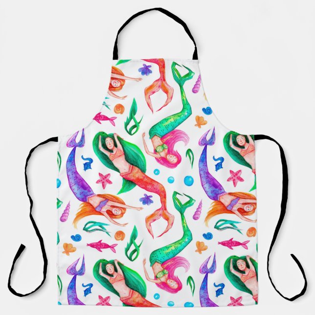 Watercolor seamless pattern with mermaids, seashel apron (Front)