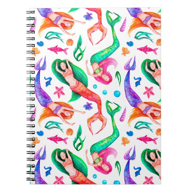 Watercolor seamless pattern with mermaids, seashel notebook (Front)