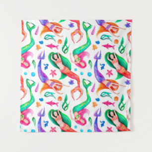 Watercolor seamless pattern with mermaids, seashel tapestry