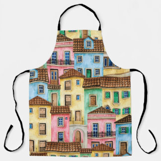 Watercolor seamless pattern with Portugal houses a Apron