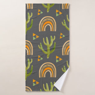 Watercolor seamless pattern with rainbow and cactu bath towel