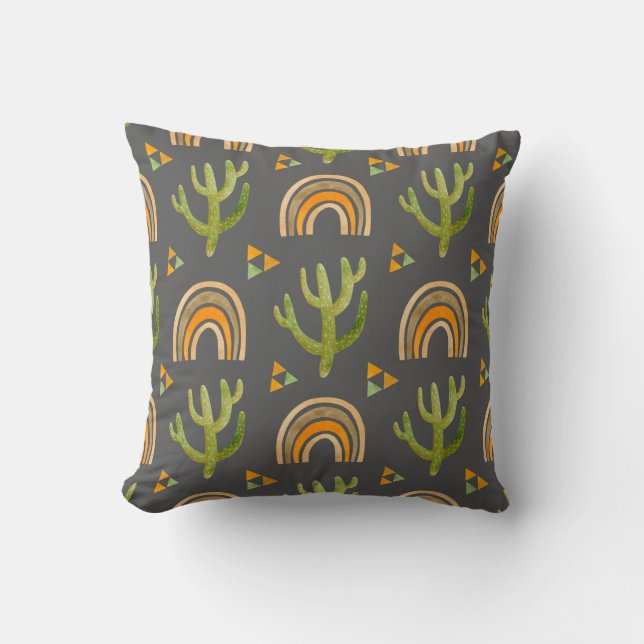 Watercolor seamless pattern with rainbow and cactu cushion (Front)