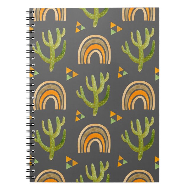 Watercolor seamless pattern with rainbow and cactu notebook (Front)