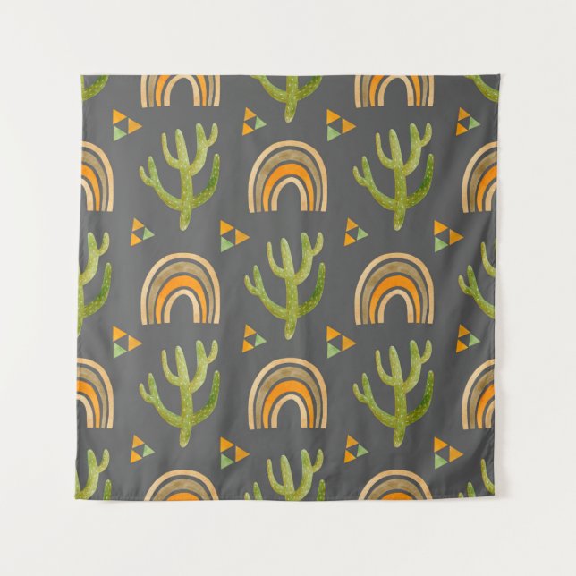 Watercolor seamless pattern with rainbow and cactu tapestry (Front)