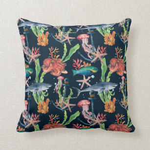 Watercolor seamless pattern with shark and laminar cushion