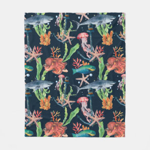 Watercolor seamless pattern with shark and laminar fleece blanket