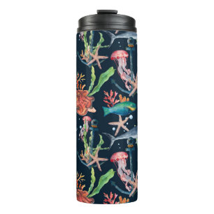 Watercolor seamless pattern with shark and laminar thermal tumbler