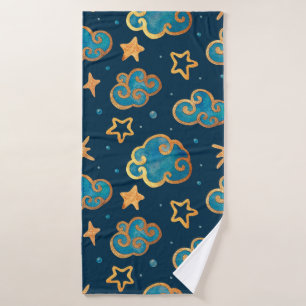 Watercolor seamless pattern with the moon, stars, bath towel