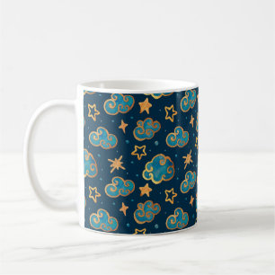 Watercolor seamless pattern with the moon, stars, coffee mug
