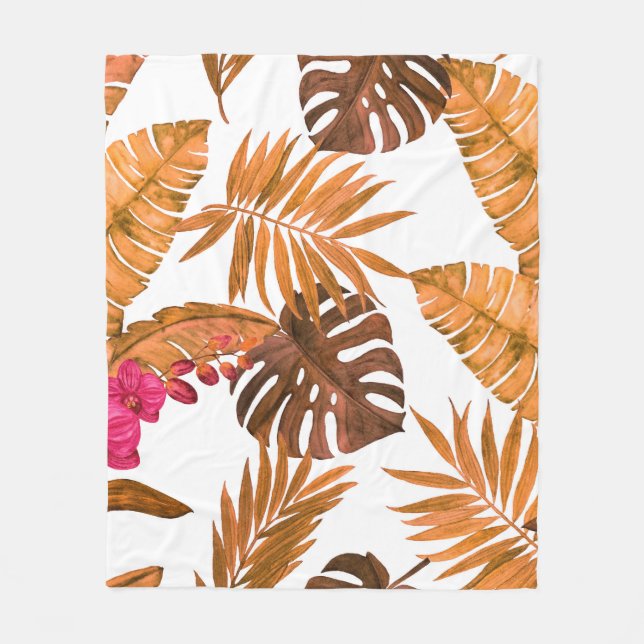 Watercolor seamless pattern with tropical leaves a fleece blanket (Front)