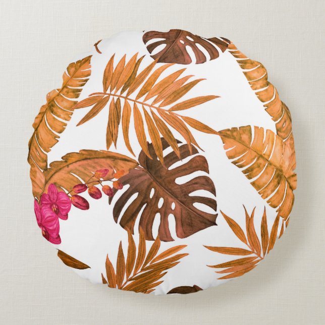 Watercolor seamless pattern with tropical leaves a round cushion (Front)