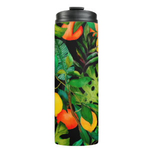 Watercolor seamless pattern with tropical leaves a thermal tumbler