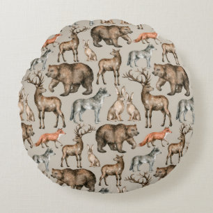 Watercolor seamless pattern with wild forest anima round cushion
