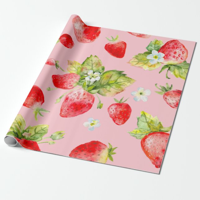 watercolor seamless strawberry pattern wrapping paper (Unrolled)