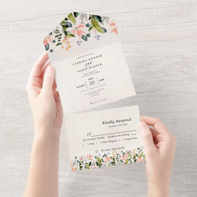Watercolor Seamless Wild Flower Wedding All In One Invitation (Tearaway)