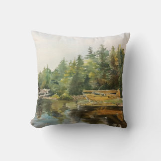 Watercolor Seaplane Adirondacks Lake Forest Green Cushion