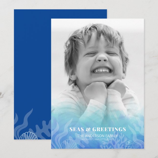 Watercolor Seas and Greetings Photo Holiday Card (Front/Back)