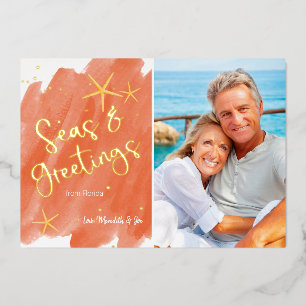 Watercolor Seas & Greetings Coral Foil Holiday Card