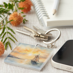Watercolor Seascape Background Key Ring