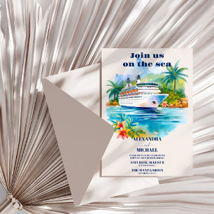Watercolor Seascape Beach Cruise Palm Wedding Invitation