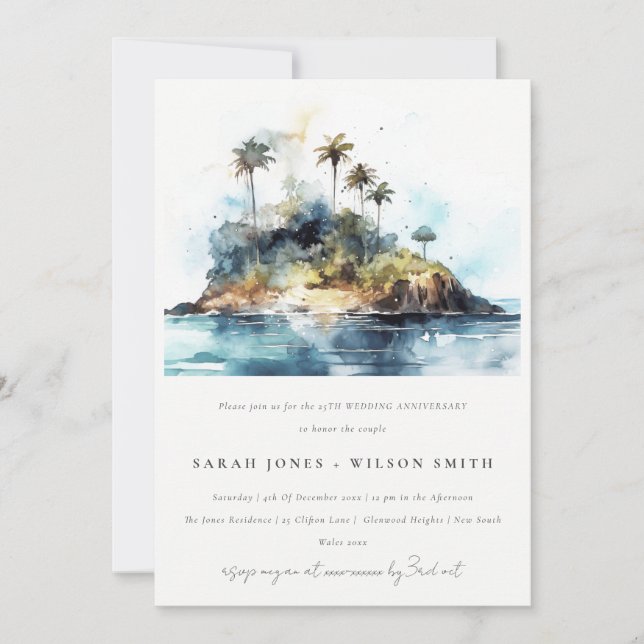 Watercolor Seascape Palm Tree Island Anniversary Invitation (Front)