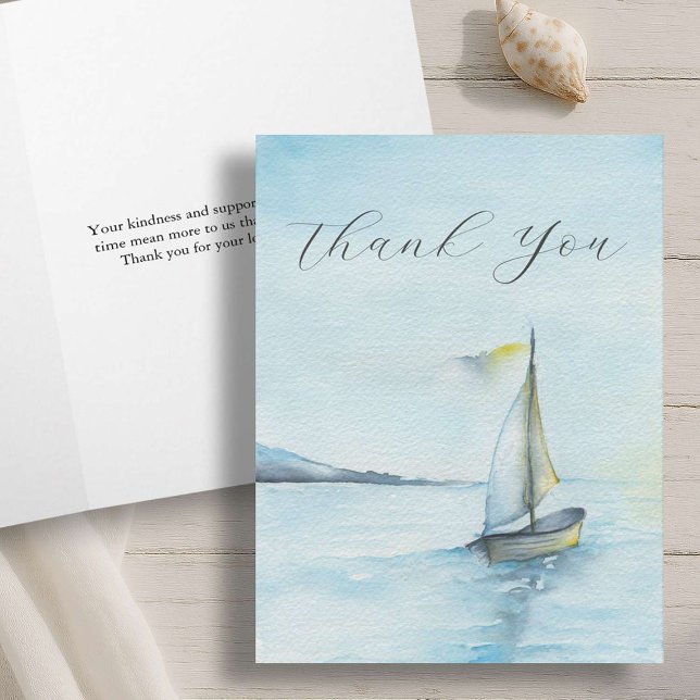 Watercolor Seascape Sympathy Thank You Note Cards (Funeral thank you cards features a watercolor sailboat by Victoria Grigaliunas of Do Tell A Belle)
