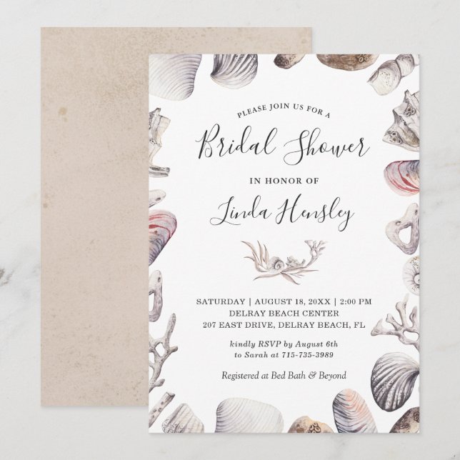 Watercolor Seashell Beach Bridal Shower Invitation (Front/Back)