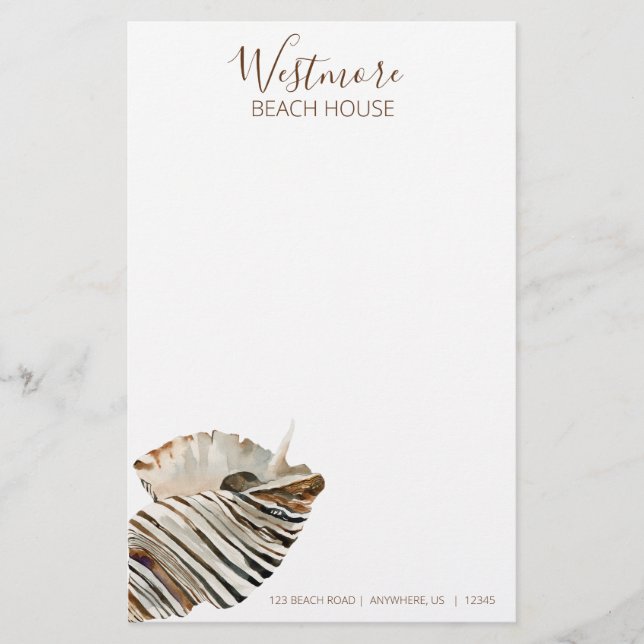 Watercolor Seashell Beach House Stationery (Front)