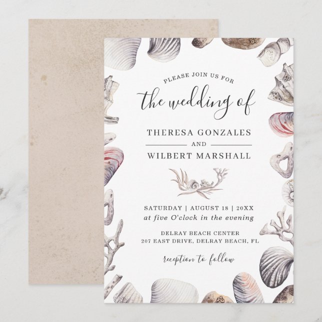 Watercolor Seashell Beach Wedding Invitation (Front/Back)
