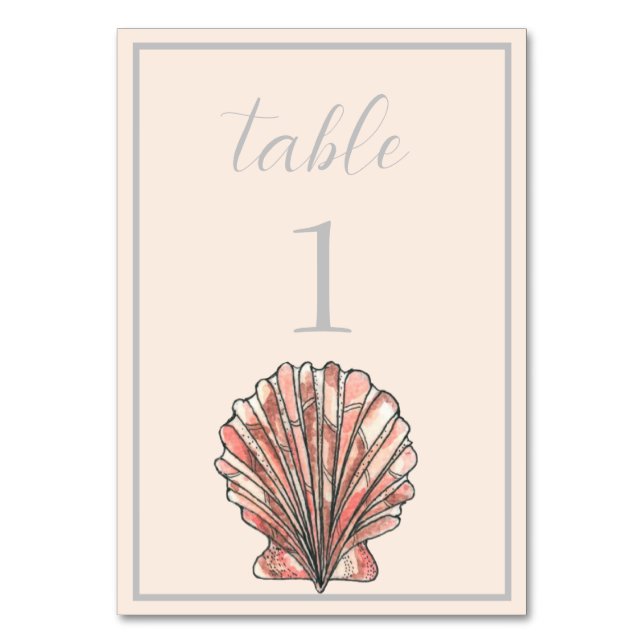 Watercolor Seashell Beach Wedding Table Number (Front)