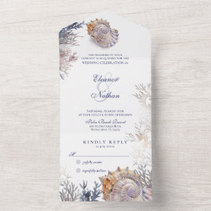 Watercolor Seashell Corals Wedding All In One Invitation