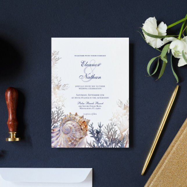 Watercolor Seashell Corals Wedding Invitation (Creator Uploaded)