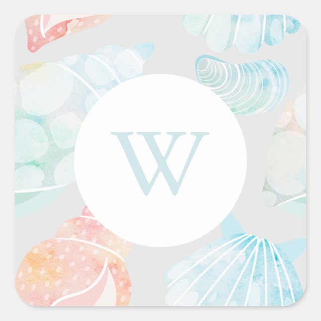 Watercolor Seashell Monogram Classic SquareSticker Square Sticker (Front)