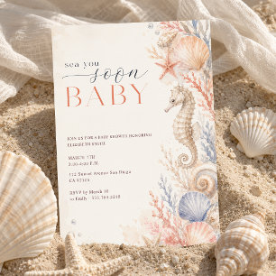 Watercolor Seashell Sea You Soon Baby Shower Invitation