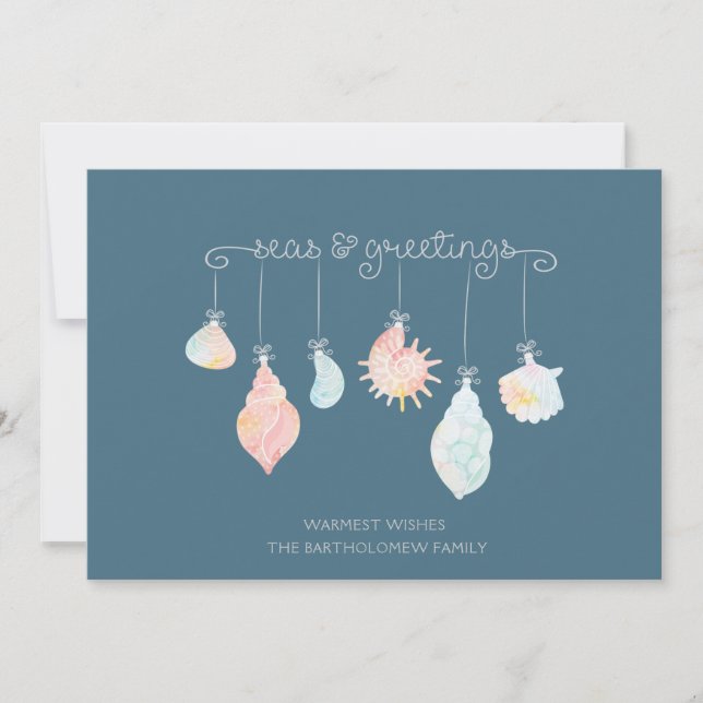 Watercolor Seashell Seas And Greetings Holiday Card (Front)