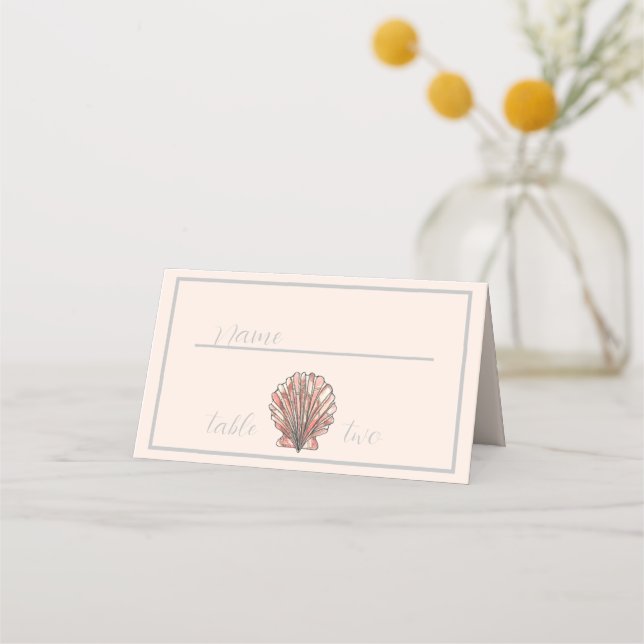 Watercolor Seashell Wedding Table Number Place Card (Front)