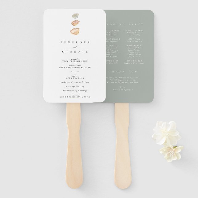 Watercolor Seashells Beach Minimal Wedding Program Hand Fan (Front and Back)