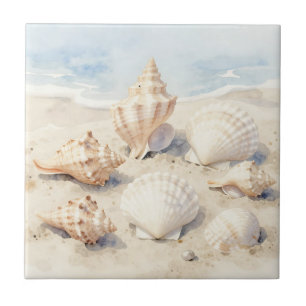 Watercolor Seashells Beach Scene Ceramic Tile