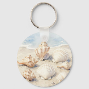 Watercolor Seashells Beach Scene Key Ring