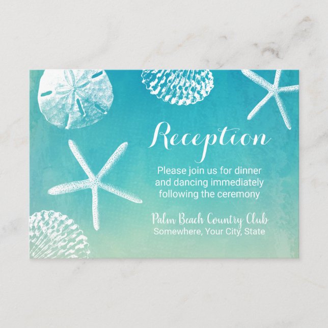 Watercolor Seashells Beach Wedding Reception Enclosure Card (Front)