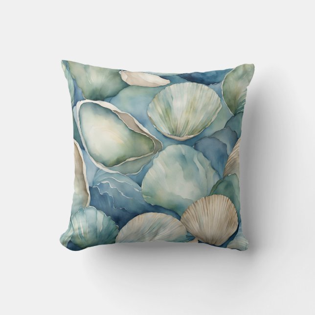 Watercolor SeaShells Blue Beige Coastal Cushion (Front)