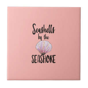 Watercolor Seashells by the Seashore Typography Ceramic Tile