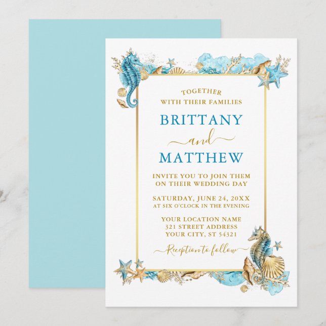 Watercolor Seashells Coral Coastal Wedding Blue Invitation (Front/Back)