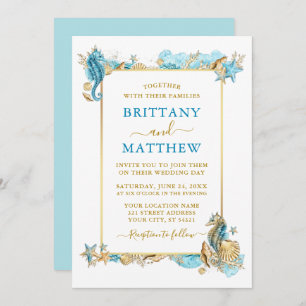 Watercolor Seashells Coral Coastal Wedding Blue Invitation