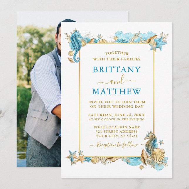 Watercolor Seashells Coral Photo Blue Wedding Invitation (Front/Back)